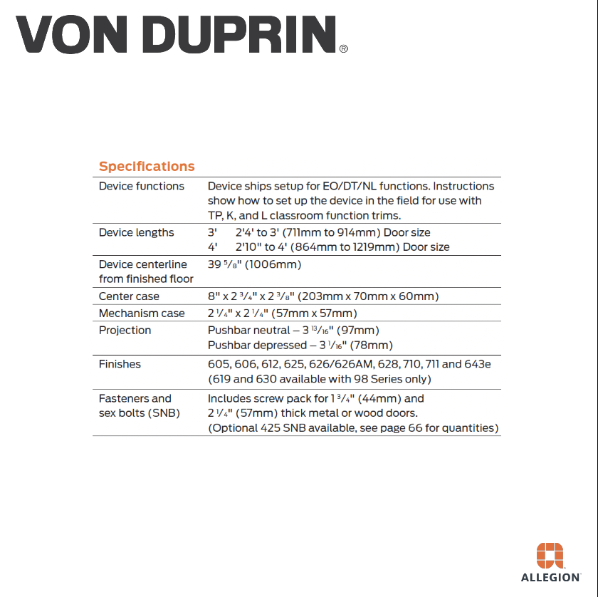 VON DUPRIN 9875 MORTISE LOCK DEVICE