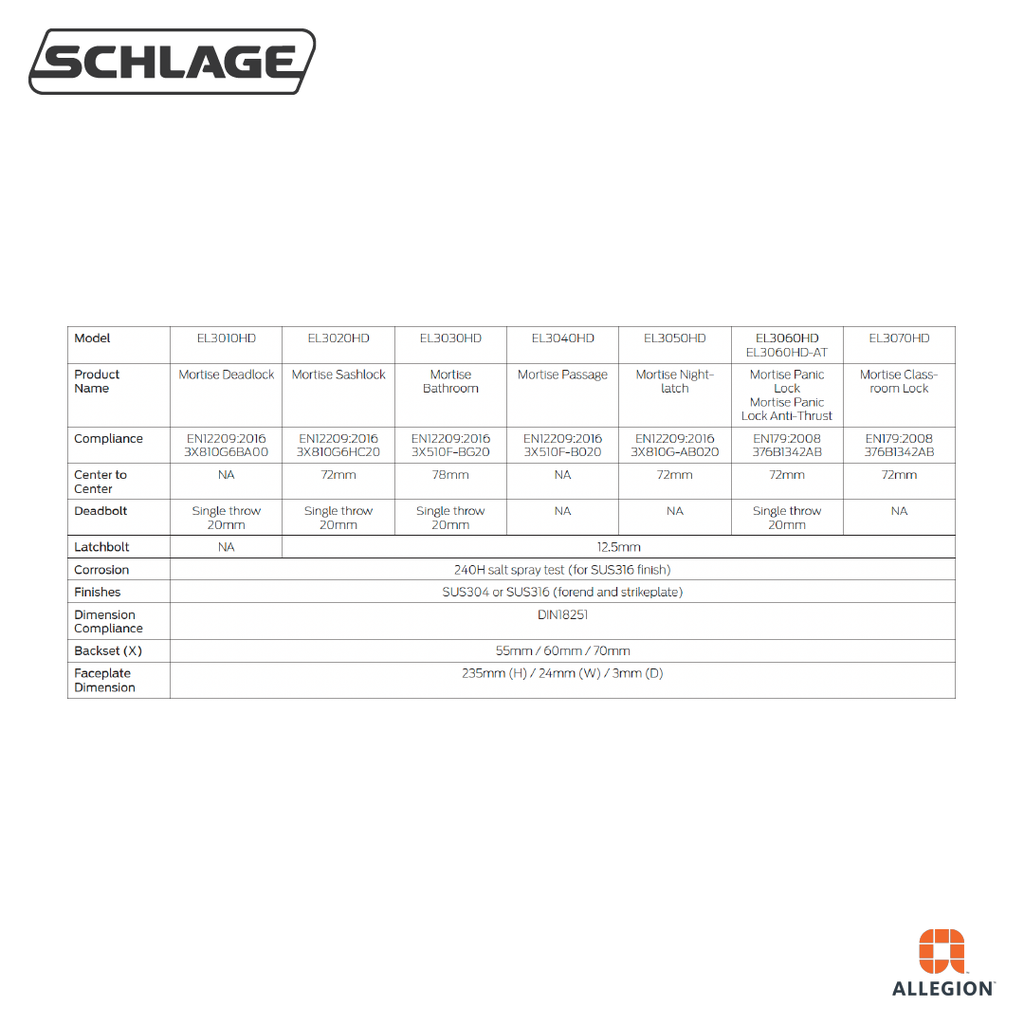 SCHALGE EL3070HD HEAVY DUTY MORTISE CLASSROOM LOCK
