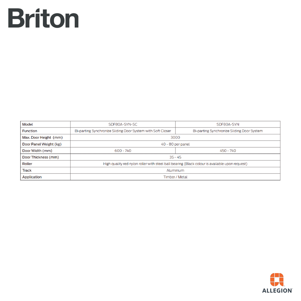 BRITON SDF80A-SYN-SC BI-PARTING SYNCHRONISE SLIDING DOOR GEAR WITH SOFT CLOSER